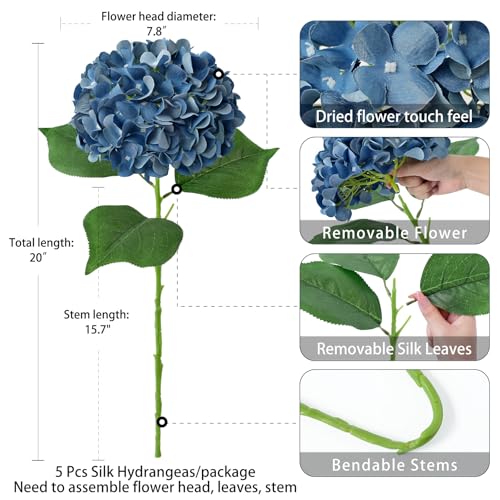 ZYTUYO 5 Pcs Dark Blue Silk Hydrangeas Artificial Flower Boho Dried Touch 20'' Faux Hydrangeas for Fall Indoor Home Decor Kitchen Living Room Outdoor Porch Wedding Flower Arrangement - color: Dark Blue