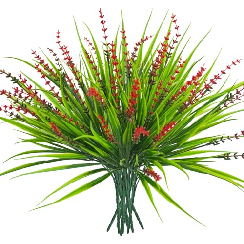 10 Pcs Artificial Plants Outdoor, UV Resistant Fake Outdoor Flowers Plants Faux Plastic Monkey Grass for Outside Front Porch Garden Window Box Home Office Planters Desk Decor (Red) - color: Red, size: 10pcs