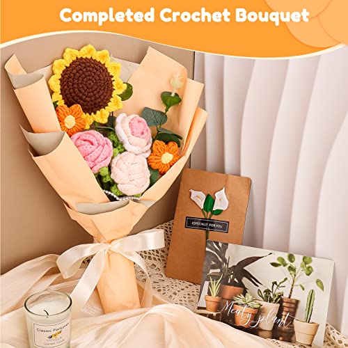 Omldggr Completed Crochet Flower Bouquet, Orange Handmade Knitted Bouquet, Crochet Bouquet Kit Knitted Fake Sunflower Rose Daisy for Valentines Day Mother's Day Birthday Wedding Decor Mom Gift - color: Orange-rose+sunflower