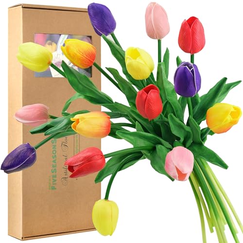 FiveSeasonStuff Real Touch Tulips Artificial Flowers – 15 Stems Faux Tulip Bouquet in Gift Box for Wedding, Home Decor, Party, Floral Arrangements (Rainbow Colors) - color: #9 Rainbow