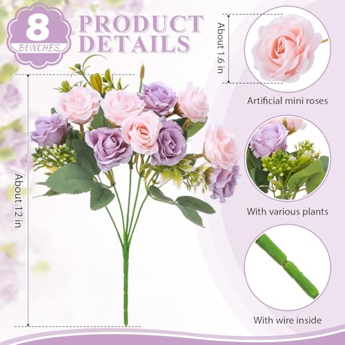Zeyune 8 Pack Artificial Mini Purple and Pink Roses 12 Inch Fake Flowers with Stems, 80 Small 1.6 Inch Flower Heads, Silk Mini Rose Bouquets for Wedding Centerpieces Bridal Bouquets Home Party Decor - color: Purple and Pink