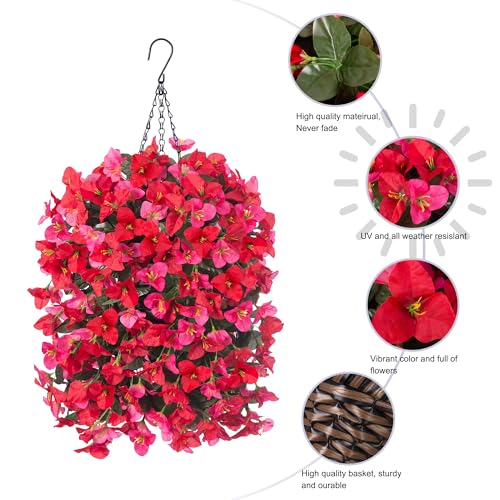 INSPRING Artificial Bougainvillea Faux Flowers Plants Baskets for Outdoor Outside Decoration, 3PCS Fake Silk Flowers Long Trailing Vines UV Resistant Realistic for Front Door Porch Patio (RedHotpink) - color: Redhotpink