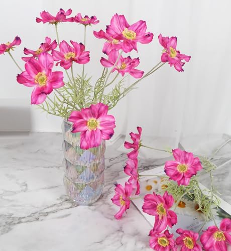 5PCS Hot Pink Fake Cosmos Flowers 22 in Fake Daisy Decoration 3D Printed Faux Wildflowers with Stems for Wedding Bridal Bouquet Aisle Living Room Baby Shower Kitchen Table(Hot Pink) - color: Hot Pink