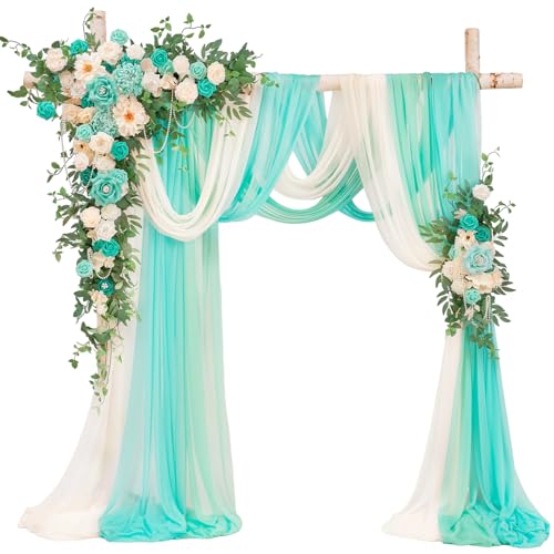 TINGE TIME Wedding Arch Flowers Kit - Deluxe 5pcs Artificial Floral Swag with 3 Sheer Drapes, Realistic Silk Flower Arrangements for Wedding Ceremony Arbor Backdrop Reception Party Home Decor - color: Teal Green & Champagne