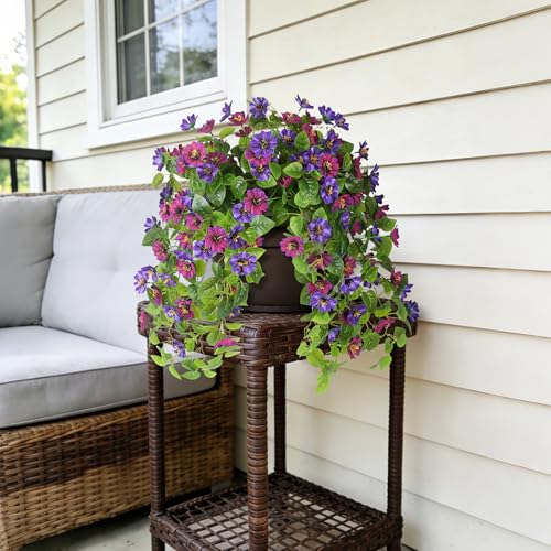 Hrobek Fake Artificial Flowers Hanging for Outdoors Decor, 2 Bundles UV Resistant Faux Silk Flowers for Planters Porch Patio Window Yard Balcony Fence Decoration - color: Rose Red, Dark Purple-1