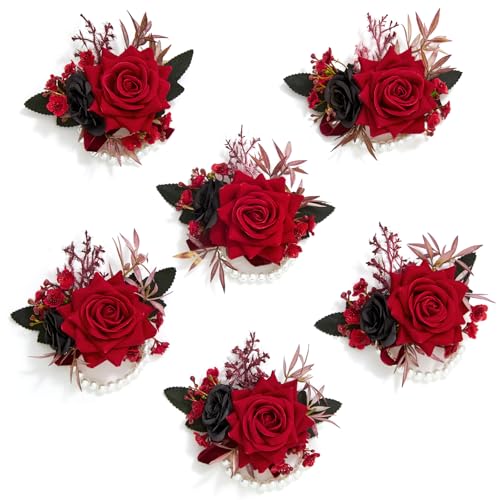 Serwalin 6Pcs Red Wrist Corsage for Wedding, Artificial Silk Rose Flower Wrist Corsage Wristlet for Prom Homecoming Party Accessories for Bride Bridesmaids, Mother of Bride and Groom - color: Red, size: Corsage 6pcs