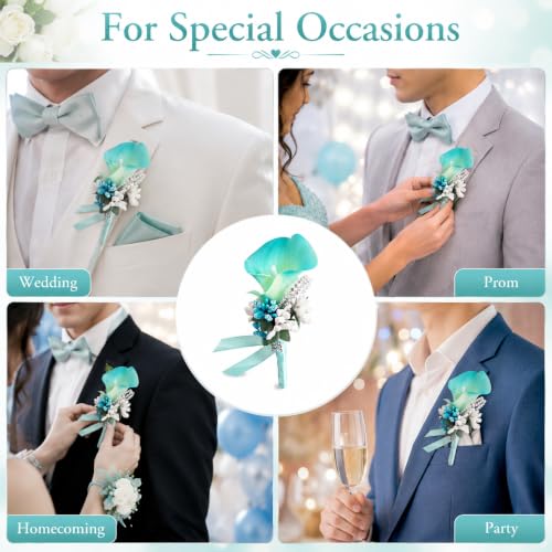 ChezMax Calla Lily Blue Boutonniere Handmade Silk Flower with Ribbon Corsage for Bride Groom Wedding Party 6 Packs - color: B-blue Boutonniere-6 Pcs