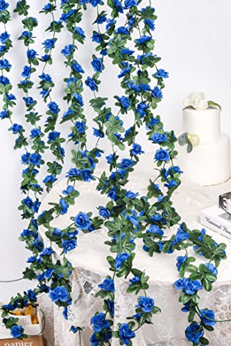 Miracliy 8Pcs 66FT Blue Flower Garland, Artificial Rose Floral Vines Fake Hanging Spring Flower Garland for Wall Backdrop Wedding Arch Tea Party Door Mantle Decoration - color: Sapphire-8pcs