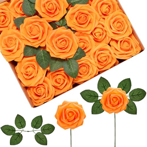 InnoGear Artificial Flowers, 50 Pcs Orange Rose Foam Fake Roses Bulk with Stems for Autumn Fall Decoration DIY Wedding Bouquets Centerpieces Bridal Shower Party Christmas Tree - color: Orange