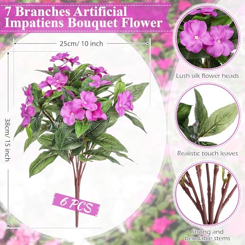 Wavwavw 6 Pcs Artificial Impatiens Bouquet Flowers for Outdoors 15 Inch Silk Flowers Greenery Artificial Impatiens for Outdoor Patio Lawn Garden Balcony Pot Hanging Basket Porch Decoration(Purple) - color: Purple