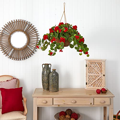 Nearly Natural 24in Artificial Geranium Hanging Basket Faux Floral Plant for Indoor Home Porch Decor, Red - color: Red
