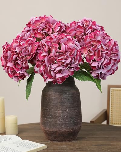 5pcs Magenta Hydrangea Artificial Flowers Real Touch Latex Large Fake Hydrangeas 21in Lifelike Full Dried Faux Hydrangeas Flowers for Home Decor Wedding Party Arrangements - color: Magenta, size: 5Pcs