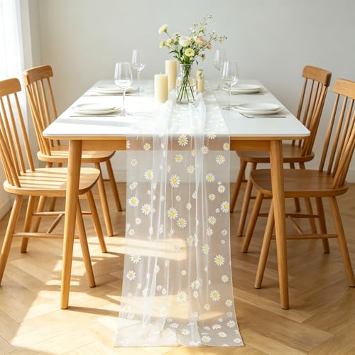 Daisy Gauze Table Runner 120 Inch 10FT, Floral Flower Tulle Table Runner Seasonal Kitchen Dining Table Decorations for Party Wedding Christmas Holiday Birthday (White) - color: White