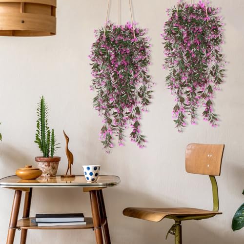 TOCHGREEN 4Pcs Artificial Hanging Plants Fern Vine, Faux Plastic Plants Fake Ivy Vine Greenery Garland with RoseRed Flower, Outdoor Indoor Decorations for Living Room Garden Wall Home Decor (Rose Red) - color: Rose Red