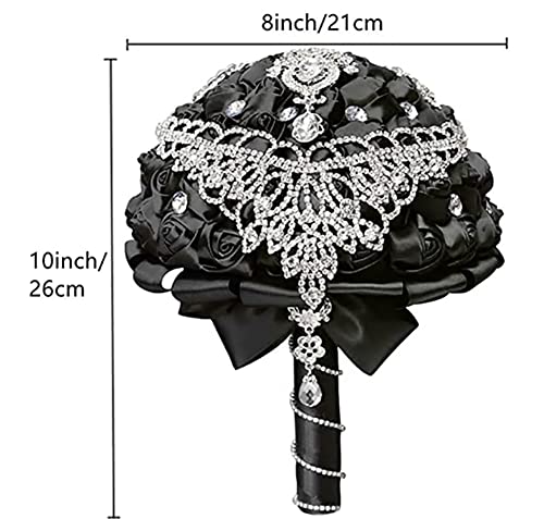 Handmade Luxury Wedding Bridal Bouquet Large Silk Rose Holding Toss Artificial Flowers Bouquets with Satin Ribbon Pearls Rhinestone for Bride Vintage Royal Wedding Bouquet (Black) - color: Black