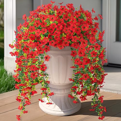 Fake Artificial Hanging Flowers for Outdoors Decoration, 2 PCS Faux UV Resistant Artificial Outdoor Flowers, Fake Plants Look Real Daisy No Fade Spring Decor for Porch Home Patio Balcony and Yard - color: Hanging Flower (Red)