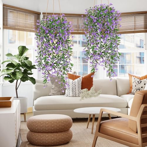 TOCHGREEN 4Pcs Artificial Hanging Plants Fern Vine, Faux Plastic Plants Fake Ivy Vine Greenery Garland with Purple Flower, Outdoor Indoor Decorations for Living Room Balcony Garden Wall Home Decor - color: Purple