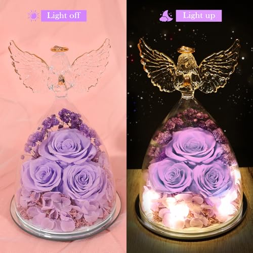Mothers Day Flowers Gifts for Mom Flowers for Delivery Preserved Flowers Forever Real Fresh Roses in Glass Angel Figurines Birthday Gifts for Women Anniversary Present for Grandma Wife from Daughter - color: Light Purple (Rose, Baby's Breath, Hydrangea)
