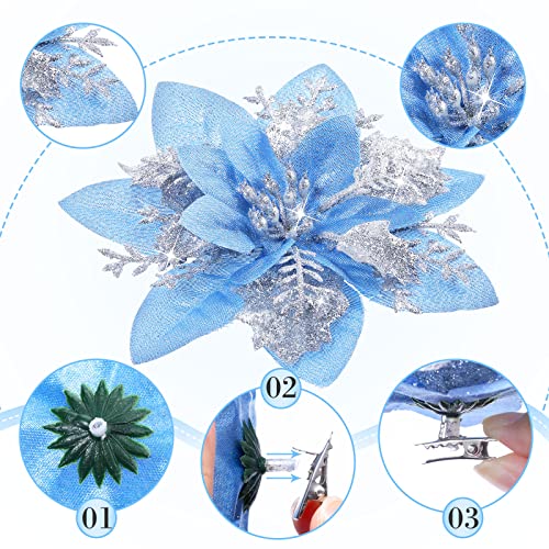 Geosar 36 Pcs Christmas Glitter Artificial Poinsettia Flowers Xmas Poinsettia Artificial Wedding Flowers Decorations Xmas Tree Ornaments with Clips for Party, 6 Inch, 4 Inch, 3 Inch(Silver and Blue) - color: Silver and Blue