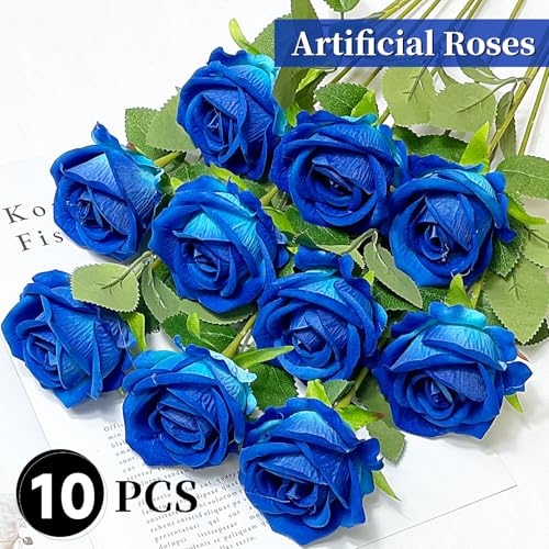10 PCS Artificial Roses with Long Stems Silk Flowers Realistic Foam Flowers Fake Roses for Valentine's Day Home Wedding Halloween Decor(Blue) - color: Blue