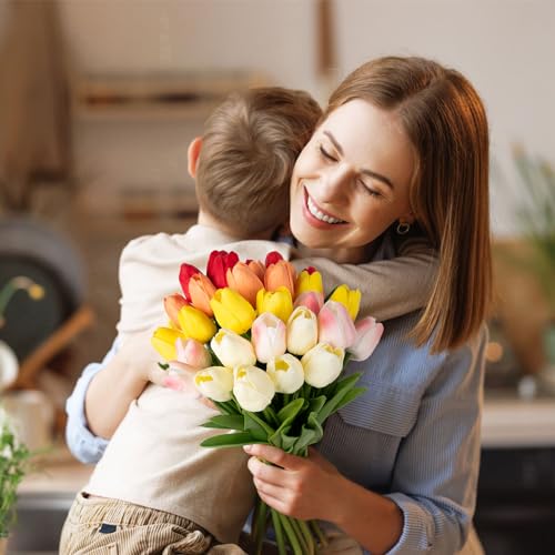 MACTING 30PCS Artificial Tulip Flowers 13.7" Real Touch Fake PU Tulips Bouquet Faux Flowers for Floral Arrangements Table Centerpiece Kitchen Indoor Outdoor Spring Summer Decor (Multi Colors-1) - color: Mix Color1