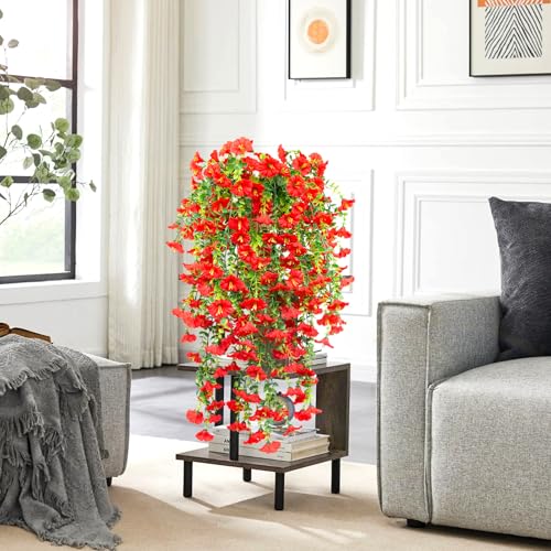 4 Pack Artificial Faux Hanging Flowers Plant for Outdoor, Fake Silk Morning Glory with Eucalyptus UV Resistant Realistic Trailing Vine for Wall Home Porch Patio Balcony Yard Indoor Decor, Red - color: Red