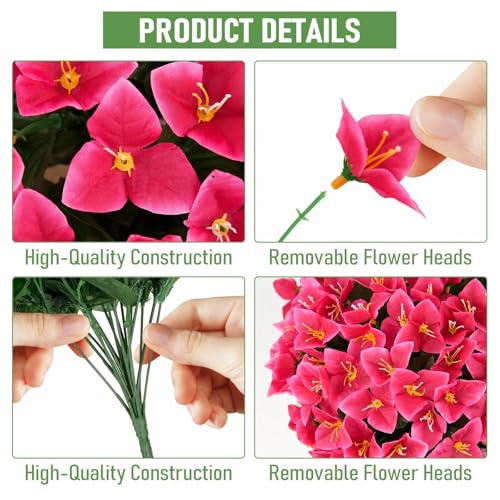 ATTGREAT Artificial Bougainvillea for Outdoors Faux Plants UV Resistant Flowers Fake Plastic Plants Realistic Silk Flowers for Porch Planter Garden Outside Hanging Decoration, 2Pcs (Rose Red) - color: Rose Red