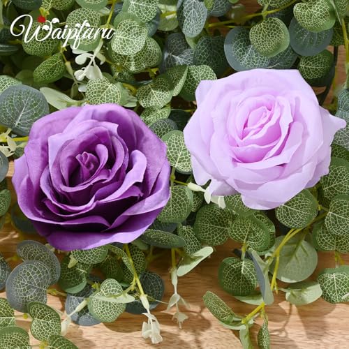 Waipfaru 2 Pcs Flower Garland, 6Ft Eucalyptus Garland with Flowers, Rose Floral Vines for Wedding Reception Table Mantle Room Spring Summer Decor (Purple) - color: Purple-6.07ft, size: 2 Pack