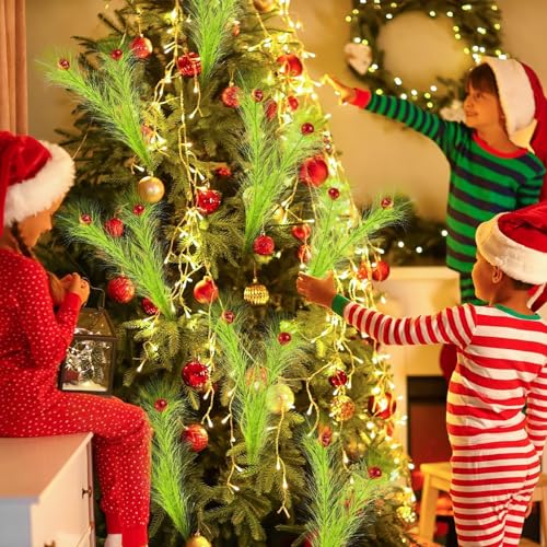 12 Pcs Lime Green Picks Whimsical Christmas Tree Toppers 17'' Double Head Artificial Curly Green Pampas Grass Stems with Red Ball Xmas Ornaments for Christmas Tree Decor Vase Fillers Wreath Crafts