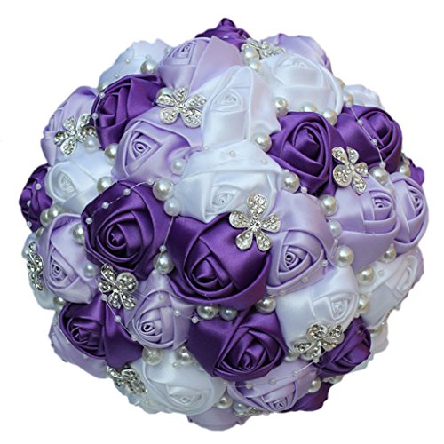 S_SSOY Wedding Bouquet Bride Bridal Brooch Bouquets Bridesmaid Bouquet Diamond Pearl Ribbon Valentine's Day Confession Party Church with Free Corsage Flower, Purple+Lilac+White - color: Purple+lilac+white