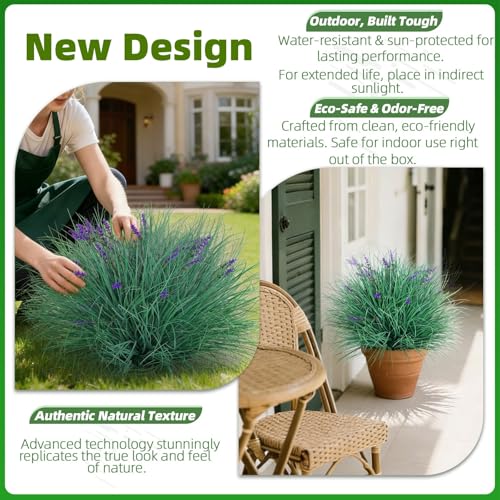 Fake Lavender Flowers with Greenery – 13'' Tall Artificial Lavender Plant, UV Resistant Faux Outdoor Decor for Garden, Patio, Lawn, Planters (2, Green) - color: Dark Green