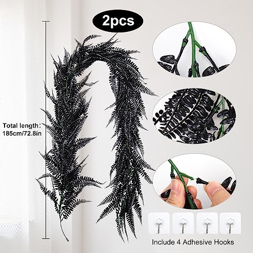 RECUTMS 2pcs Black Garland Artificial Hanging Plants 6 FT Boston Black Faux Ferns Garland Halloween Thanksgiving Party Outdoor Indoor Decor for Home - color: Black-fern2pcs