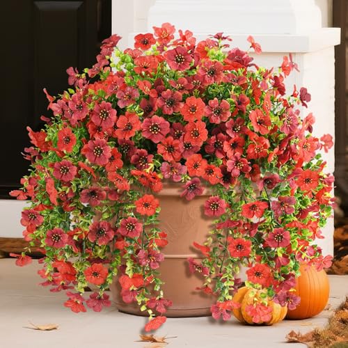 INQCMY 2Pcs Artificial Fake Hanging Flowers for Outdoors UV Resistant Artificial Plants for Spring Summer Decor Look Real Faux Flowers for Outside Home Planter Porch Patio Decor - color: Red Brown