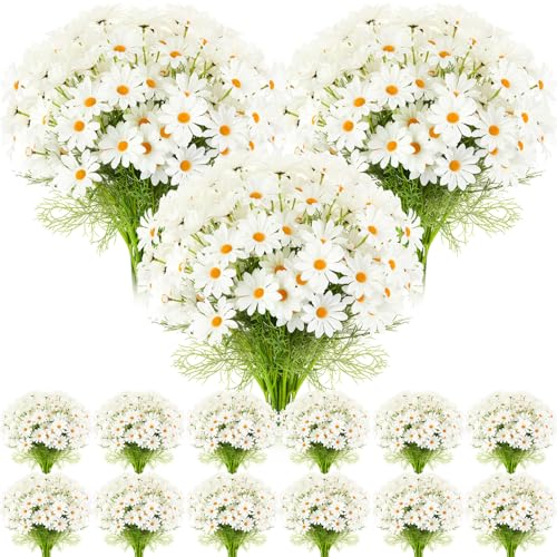 Giegxin 100 Pcs Artificial Daisy Flowers Bulk Realistic Fake Daisies Faux Wildflower Daisy UV Resistant Silk Fake Flowers Plants for Outside Wedding Garden Home Table Decor (White) - color: White