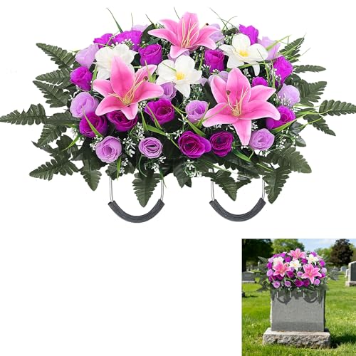 Cemetery Flower Saddle - Grave Flowers for Cemetery,Artificial Rose, Lily & Orchid Arrangement for Headstone - All-Weather Grave Decor for Outdoor Tombstone Headstone Decorations (Purple) - color: Purple