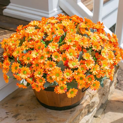 Daisy Artificial Flowers for Outdoors Decoration, 6 Bundles Fake Plants Flowers Bouquet Faux Flowers for Outdoor Planter Look Real UV Resistant Silk Flowers for Outside Front Door Porch Patio, Orange - color: Orange