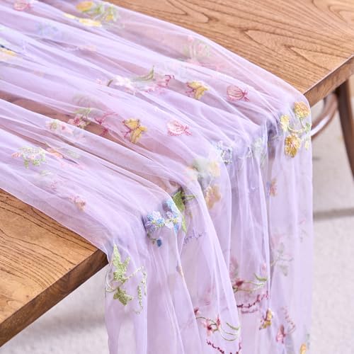 vctops 2 Packs Embroidery Lace Fall Table Runner 10ft Floral Garden Seasonal Tulle Table Runner Holiday Kitchen Dining Table Decoration for Wedding Party Baby Shower Birthday (Purple,30"x120") - color: Purple