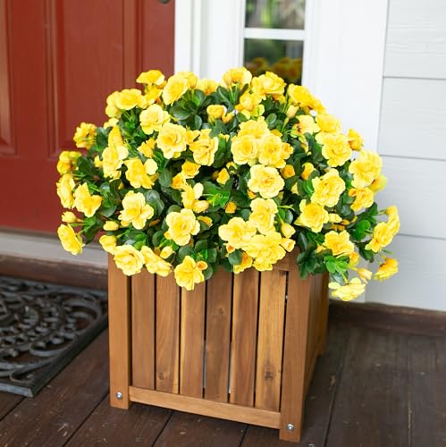 Ivydale Artificial Fake Flowers Plants for Outdoor Outside Spring Decor, Faux Silk Yellow Camellia UV Resistant Look Real for Planter Pot Porch Patio Balcony Garden Yard, 3 Large Bundles - color: Yellow