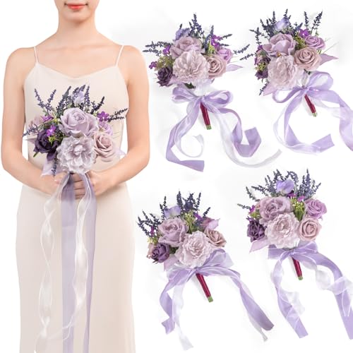 TINGE TIME 7 Inch Artificial Flowers Wedding Bouquets for Bridesmaid, Set of 4, Lavender Bride Tossing Bouquet for Rustic Wedding Ceremony Bridal Shower Rehearsal Dinner Vintage Party - color: Lavender
