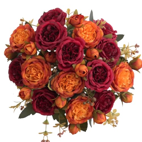 4 Bunches Peonies Artificial Flowers, Silk Burgundy Peonies Flowers Fake Bouquet Faux Floral Arrangements for Centerpiece Table Wedding Party Home Decor (4, Burgundy & Orange) - color: Burgundy & Orange