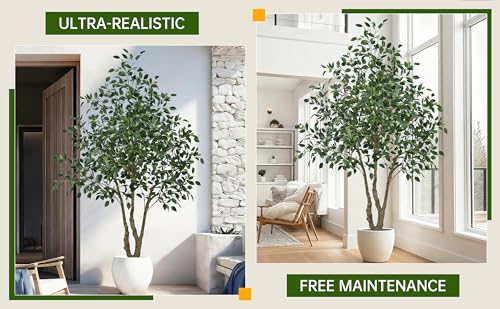 Artificial Ficus Tree 6.5FT with 1900 Leaves & White Planter Realistic Tall Large Fake Faux Tropical Silk Lifelike Plant 78 Inch for Indoor Home Office Store Corner Decor Housewarming Gifts