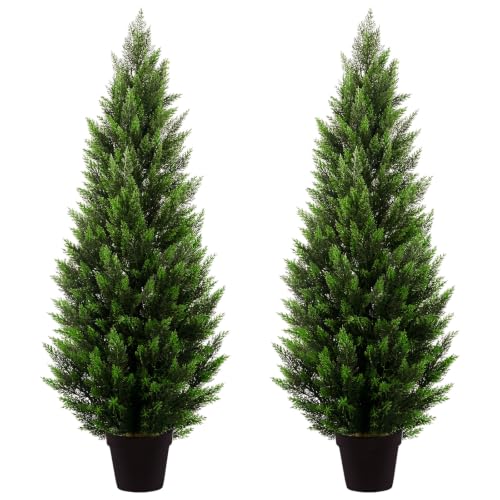 Artificial Topiary Cedar Trees 5FT Tall 2 Set, Outdoor Indoor Faux Pine Shrubs Plants, Realistic Fake Plants Front Porch Decor, Artificial Bushes Cypress for Home Front Door Offices - color: 2*pine Tree 5ft