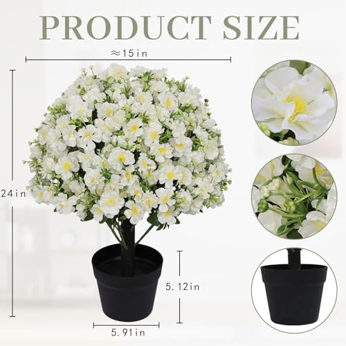 24” Artificial White Flowers for Outdoors, Set of 2 UV Resistant Faux Plants in Cement Pots, Fake Floral Look Real for Front Porch, Entryway & Indoor Spring Decor - color: Artificial Flower Cream White