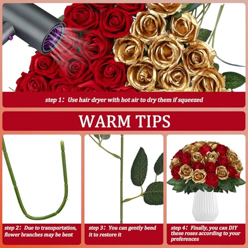 30pcs Fake Roses Artificial Silk Flowers Long Stems Bouquet for Wedding Bridal Shower Party Home Decoration (Burgundy + Gold) - color: Burgundy + Gold