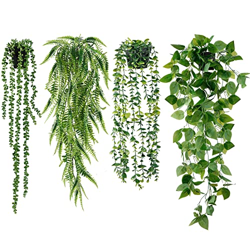 Sggvecsy Fake Hanging Plants 4 Pack Artificial Hanging Plants Fake Potted Greenery Faux Eucalyptus Vine String of Pearls Boston Fern Ivy Vine Leaves for Home Indoor Outdoor Shelf Wall Garden Decor - color: Green, size: 4 Pack