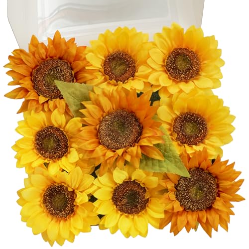 TINGE TIME 9 pcs Sunflowers Artificial Flowers, 6'' Silk Fake Sunflowers with Stems, Yellow and Orange Faux Sunflowers for DIY Outdoors Decor Home Decor Tables Centerpieces - color: 3pcs Orange + 6pcs Yellow