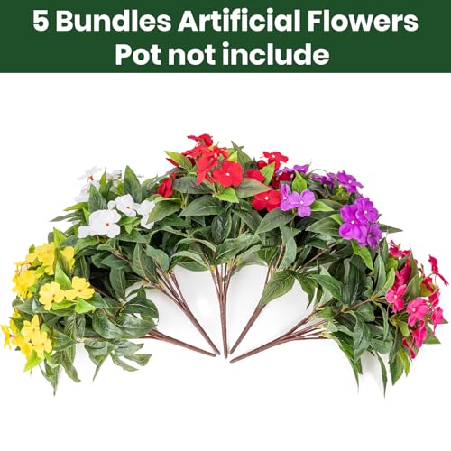 Nigirior Artificial Fake Flowers for Outdoor Décor 5 Bundles UV Resistant Fake Plants for Planter Faux Impatiens for Home Porch/Garden Stunning（5 Color） - color: 5 Color
