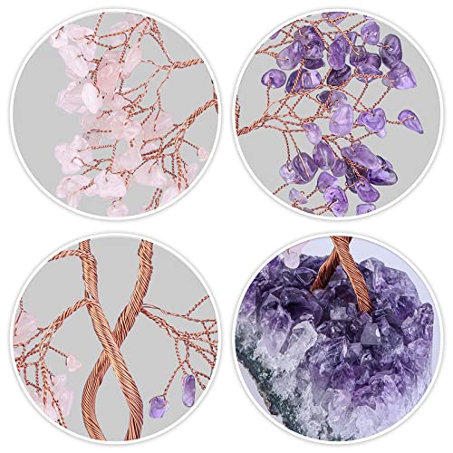 Healing Double Trunks Crystal Tree with Natural Amethyst Base, Feng Shui Money Bonsai with Positive Energy Wedding Home Decor for Wealth and Luck, Amethyst & Rose Quartz - color: Purple&pink