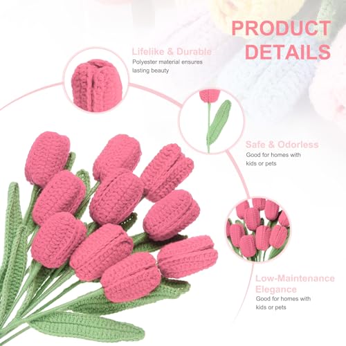 MECCANIXITY Tulip Crochet Flowers, Artificial Knitted Tulip Flower Completed Handmade Tulips Bouquet for Gift Home Birthday Wedding Decoration, Watermelon Red Pack of 10 - color: Watermelon Red