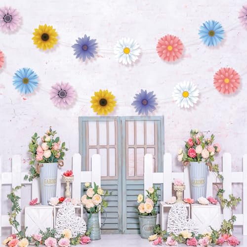 4PCS Flower Ceiling Decorations, Hanging Flowers Garland Spring Daisy Baby Shower Decorations for Girl Birthday Paper Floral Garland for Garden Fairy Tea Party Office Classroom Summer Decorations